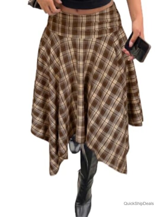 Dresses & Skirts - Plaid Midi Skirt Pleated A-Line Y2K Vintage Hanky Hem Flared
